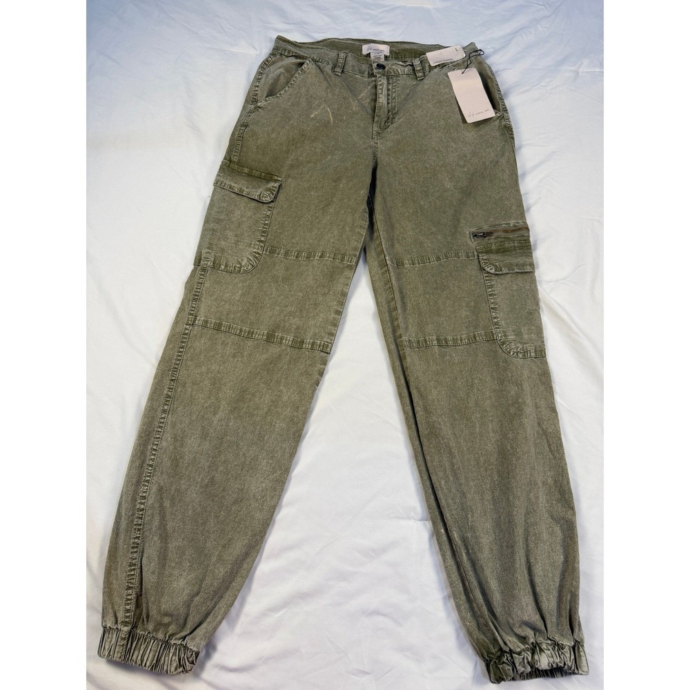 If It Were Me Womens Cargo Jogger Pants Olive Green Acid Wash Size L PW2396